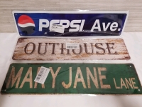 3 New Metal Street Signs Pepsi Ave, Outhouse and Mary Jane lane | 16" x 4"