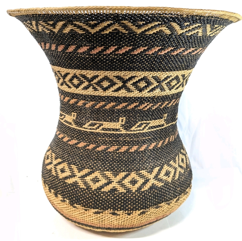 Spectacular Large Hand-Woven Basket with Abstract Monkeys & Geometric Patterns | 15.25" Diameter at Top, 14.5" Tall