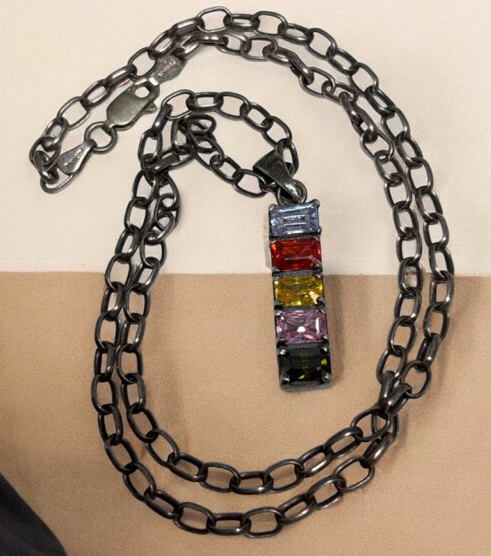925 Sterling Silver Italy FNA Chain 925 Multi 5 Colour Stone Pendant