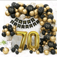 New - 18 Packs of 70th Birthday Decorations | Includes String Banner " Happy Birthday", Golden & Black Balloons & Large Numbers "70" in Gold Coloured Balloons