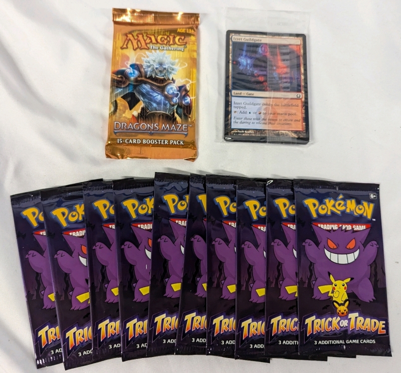 Trading Card Game Lot. 1 Magic the Gathering Dragon Maze Booster Pack, A Magic the Gathering Dragon Maze Pre-Release Pack & 10 Pokemon Truck or Trade Packs.