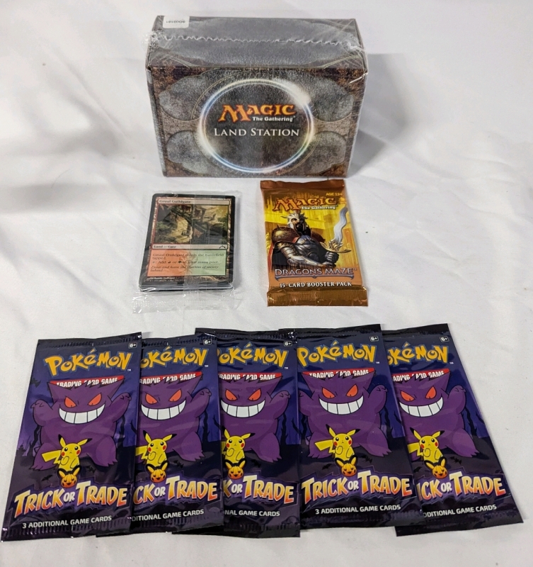 Trading Card Game Lot. 5 Pokemon Truck or Trade Packs. Magic the Gathering Land Station, Dragon's Maze Pre-Release Pack, and Booster Pack.