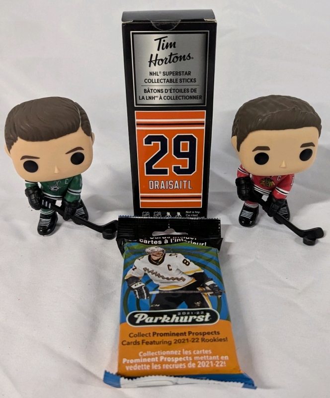 NHL Collectors Lot. Contains 2 Unboxed Funko Pops! New Tim Hortons NHL Superstar Collectable Sticks, 2021-22 Parkhurst Rookie Packs.