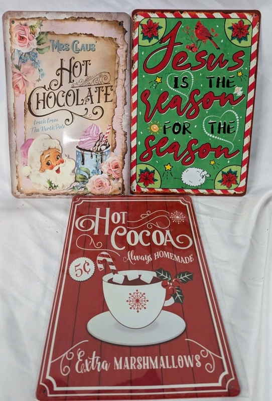 3 New Christmas/Winter Themed Tin Signs. 8" by 12" Each.