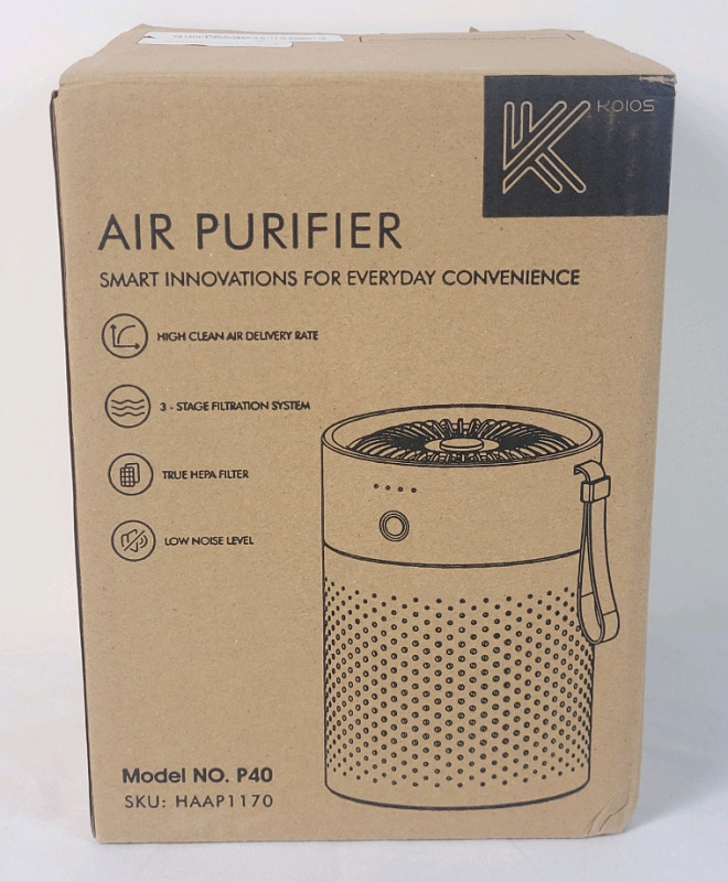 New - Koios Desk-Top Air Purifier , Model # P40 . Box measures 6.5"&times;6.5"&times;9"