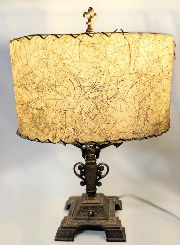 Art Deco Bronze-Style Double Light Table Lamp w Fiberglass Shade & Fleur de Lis Finial | 20" Tall