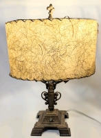 Art Deco Bronze-Style Double Light Table Lamp w Fiberglass Shade & Fleur de Lis Finial | 20" Tall