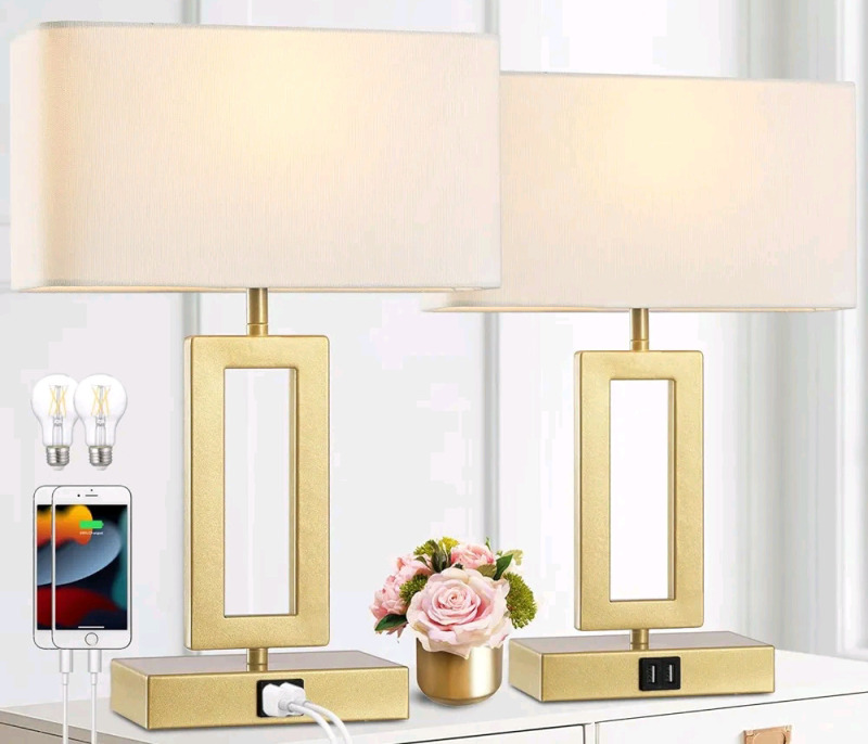 New - Gernehop Gold Table Lamps S w/Dual USB Ports,3-Way Dimmable Touch Control , Set of Two (2) . Measures 16" tall & 10" wide