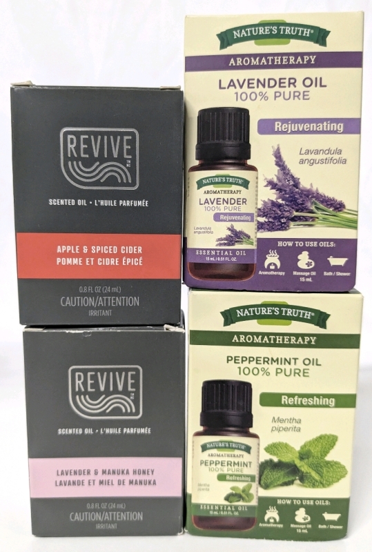 4 New Essential Oil & Scented Oils Refills | Melaleuca REVIVE Apple and Spiced Cider, Lavender and Manuka Honey (24ml ea) | Nature's Truth Lavender + Peppermint (15ml ea)