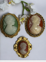 3 Cameo Brooches Gold Tone Etched & Filigree