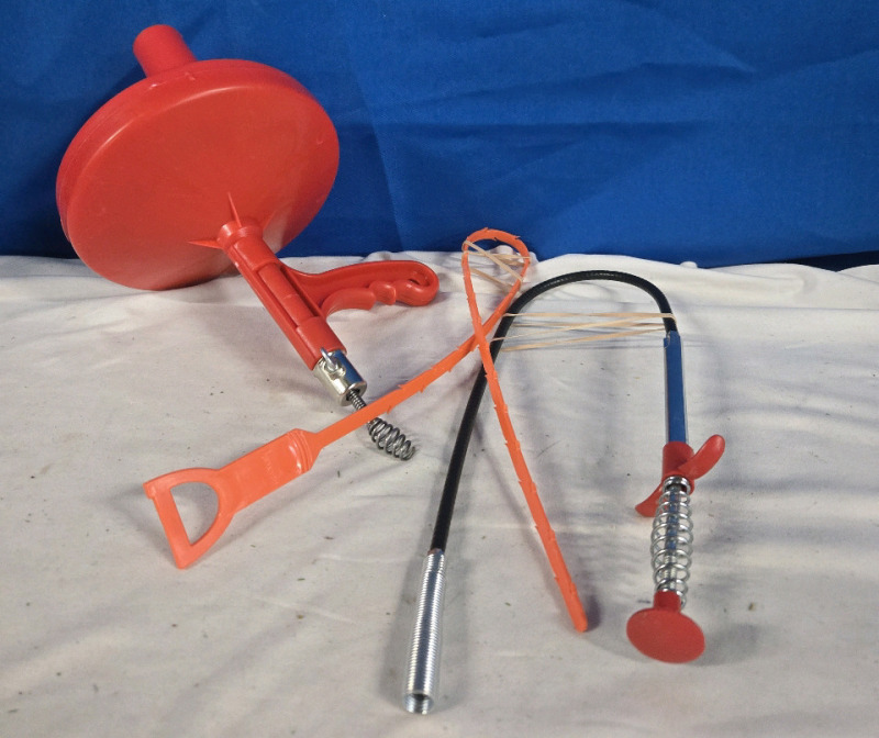 Plumbing Snake Lot:Metal Drum Snake with Plastic Handle & 2 Sink Drain Snakes (1 Metal 1 Plastic ) 2ft Long Each