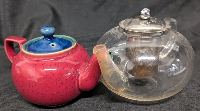 2 Teapots. Denby Harlequin Ceramic and Larger Glass. Glass Measures 5.5" Tall