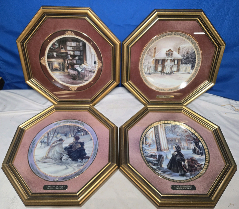 4 Framed Trisha Romance Collector Plates Includes; Star Of Wonder, Winter Fantasy, Evening Skaters, & The Christmas Story
