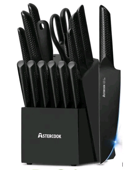 New Astercook 15 Piece Knife Set with Block - German Stainless Steel, Dishwasher Safe Kitchen Knives Black Model A60.K15014S-N
