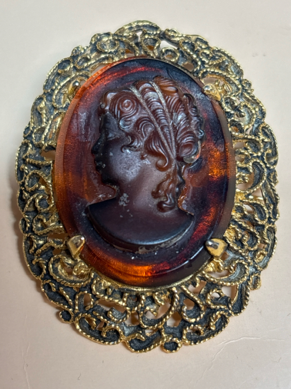 Vintage Tortoise Shell Oval Large Cameo Brooch Filigree Frame