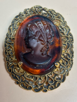 Vintage Tortoise Shell Oval Large Cameo Brooch Filigree Frame