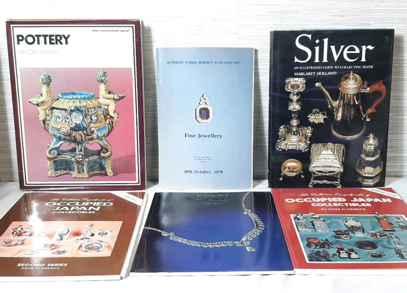 6 Hardcover and Paperback Books: Pottery by Malcolm Haslam, Silver by Margaret Holland, The Collectors Encyclopedia of Occupied Japan Collectibles (First and Second Series) by Gene Florence & Sotheby's Fine Jewellery Auction Catalogues (30th October, 197