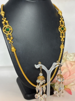 Stunning Chunky Gold Tone Snake Chain Emerald Green Glass Stones Fold Over Clasp Necklace Signed R Drop Earrings