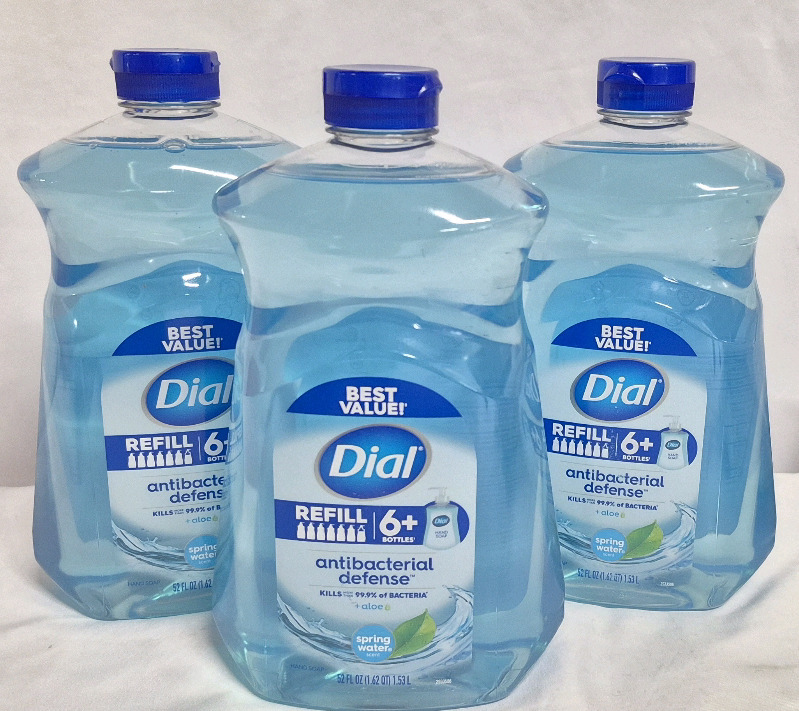 3 New Refill Dial Soap Bottles 1.53L - Antibacterial Defense + Aloe - Spring Water Scent