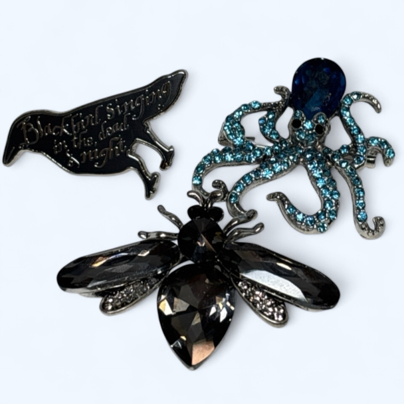 Two Rhinestone Critter Brooches Black Bird Singing In The Dead Of Night Lapel Pin