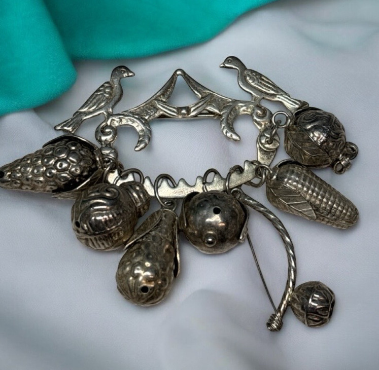 Vintage Fabulous Large Brooch / Pendant Penca de Balangandan AG90 900 Silver 7 Charms stamped