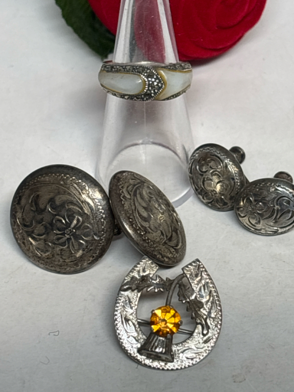 Sterling Ward Bros Scottish Horseshoe Thistle Brooch 2 Sterling Earrings Etched Earrings 925 Marcacite Ring