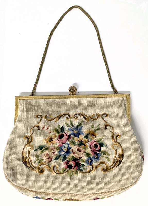Vintage Floral Needlepoint & Gold Tone Evening Purse | 8" x 1" x 6" with 6.25" Drop Chain Strap