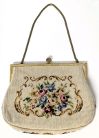 Vintage Floral Needlepoint & Gold Tone Evening Purse | 8" x 1" x 6" with 6.25" Drop Chain Strap