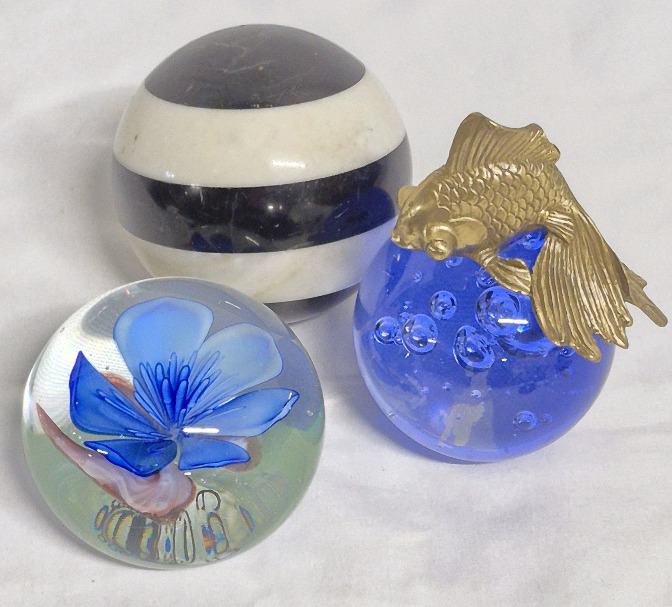 Glass Paper Weights & Striped Sphere Marble? - Brass Fish on Glass Paper Weight