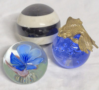 Glass Paper Weights & Striped Sphere Marble? - Brass Fish on Glass Paper Weight