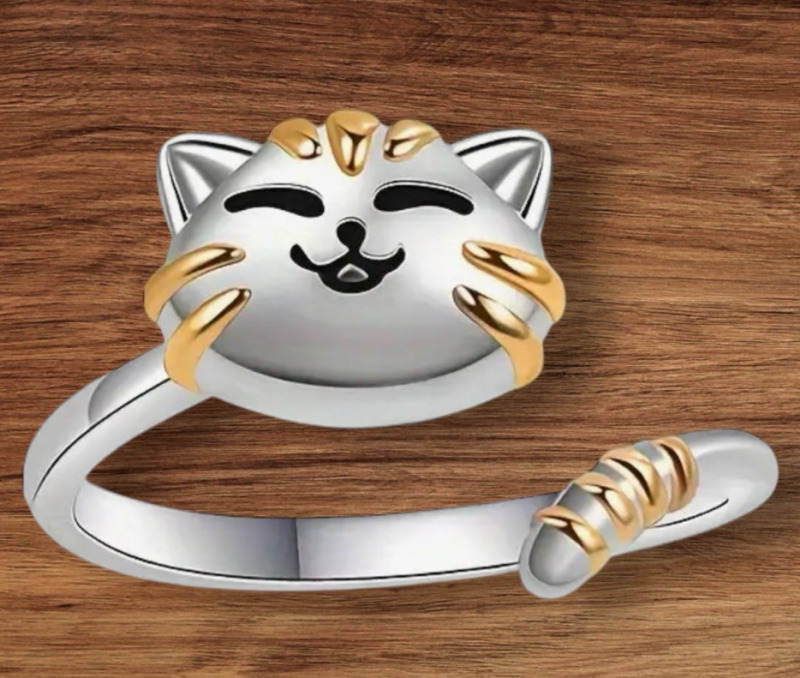 925 S Sterling Rotating Adorable Cat Ring Two Tone Anxiety Ring