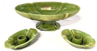 Vintage HAEGER USA Ceramic "Crackle Glaze" Footed Fruit Dish & 2 Candle Holders | #3003, #3004 x2 | Dish: 11.8" x 5" x 4.5" Tall