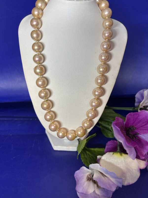 Carolee Strand Simulated Chunky Golden Knotted Pearl Necklace Oval Pearl Cabochon Clasp