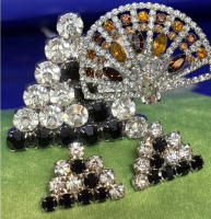 Fabulous Vintage Rhinestone Crystal Fan Brooch & Art Deco Style Clear & Black Brooch w/ Earrings