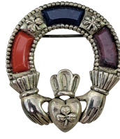 Vintage Sol Dor Irish Claddagh Agate Brooch Signed