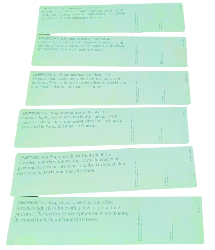 6 (Six) New UNIFROM "Apple Tree" Premium Hand-Dipped Incense Stick Packs | 15 Sticks per Package | Over $300 Retail Value!