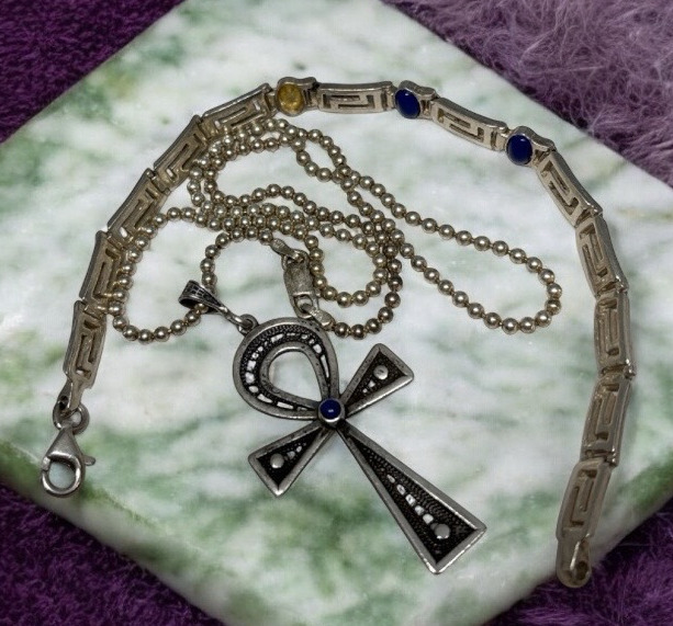 Big Ankh Key Of Life Silver 800 Pendant With Lapis Lazuli Stone 925 Italy INV Bead Chain<br/><br/>