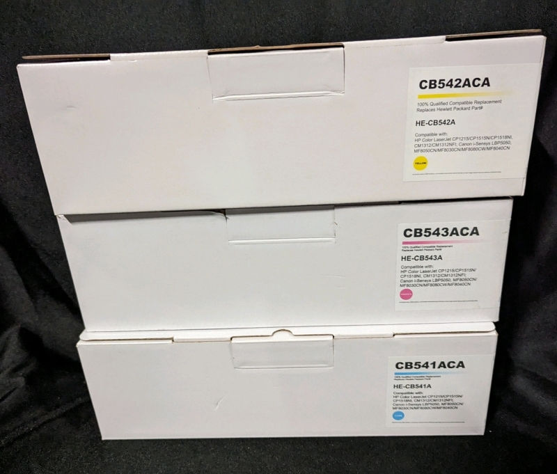 New Cyan, Magenta, and Yellow, Toner Cartridges. CB541ACA, CB543ACA, CB543ACA.