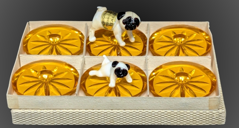 Tiny Adorable Original MURANO GLASS Italia Pug & Pug Puppy Figures + 6 Honey Amber Glass Candle Holders Made in West Germany | Candle Holders 2" Diameter ea