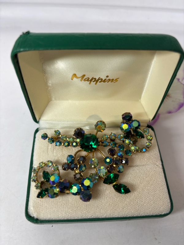 Vintage Emerald Green AB Green Signed Triad Brooch Matching Earrings Crystal Rhinestones