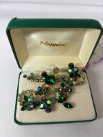 Vintage Emerald Green AB Green Signed Triad Brooch Matching Earrings Crystal Rhinestones