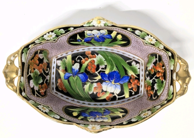 Stunning Nippon Morimura Noritake Hand Painted Floral Panels Porcelain Handled Dish | 6" x 10" x 2.5" Tall