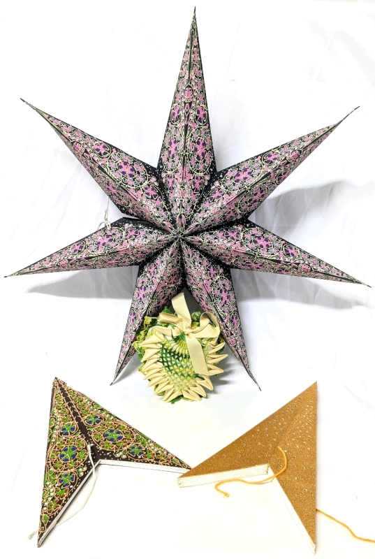 3 Large Artschatz Cathedral-Style Folding Paper Stars & Handmade Sachet Pillow | Stars are 23" x 23" Unfolded