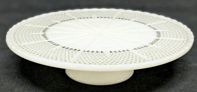1960s - 70s Milk Glass Cake Stand with Gold Fleur de Lis & Dotted Patterns | 10.25" Diameter x 2 5" Tall