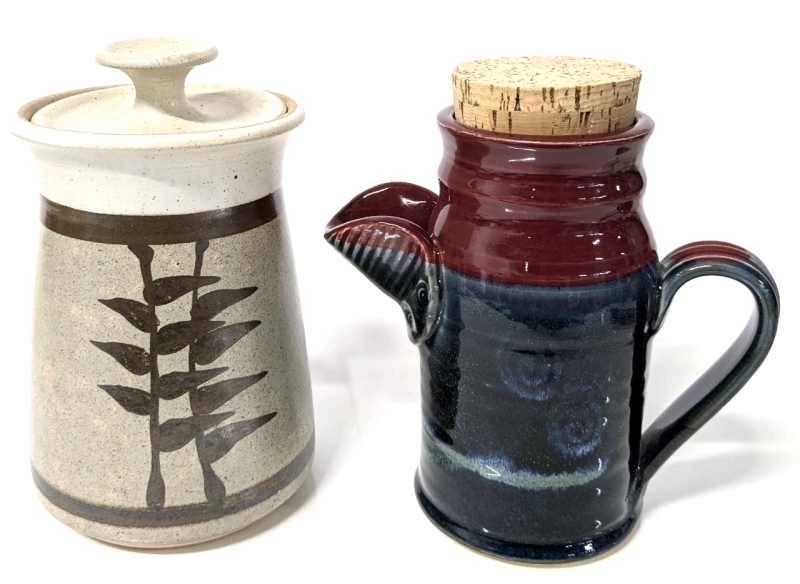 2 Signed Handmade Ceramics : Speckled Stoneware Jar w Lid & Pavlo Pottery Nut Jar w Handle & Cork (Cranberry Pattern) | 8" Tall