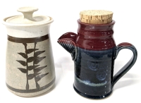 2 Signed Handmade Ceramics : Speckled Stoneware Jar w Lid & Pavlo Pottery Nut Jar w Handle & Cork (Cranberry Pattern) | 8" Tall