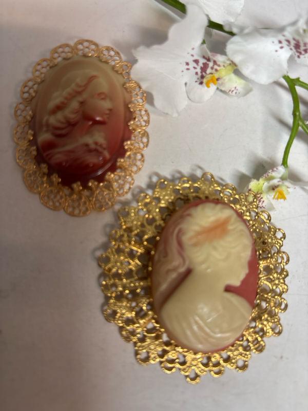Two Large Filigree Oval Cameo Brooches