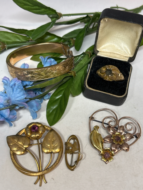 Large Gold Filled Jewelry Lot Including Brooch Earring Set Rare COURTLY Brooch Rhinestones Etched Bracelet & Ring
