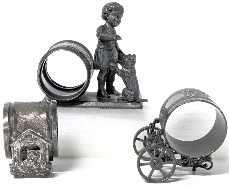 3 Victorian MERIDEN Silver Plate Napkin Rings : Dog in Doghouse, Child & Dog & Chariot (Sans Horse) | Up to 3.25" Tall