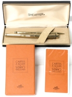 New Sealed HERMES Paris Knotting Cards in Original Box & SHEAFFER Gold Plated Fountain Pen & Mechanical Pencil in Case